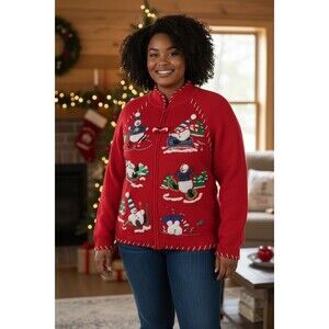 Vintage Tiara International Christmas Cardigan Skiing Snowman Holiday Sweater L
